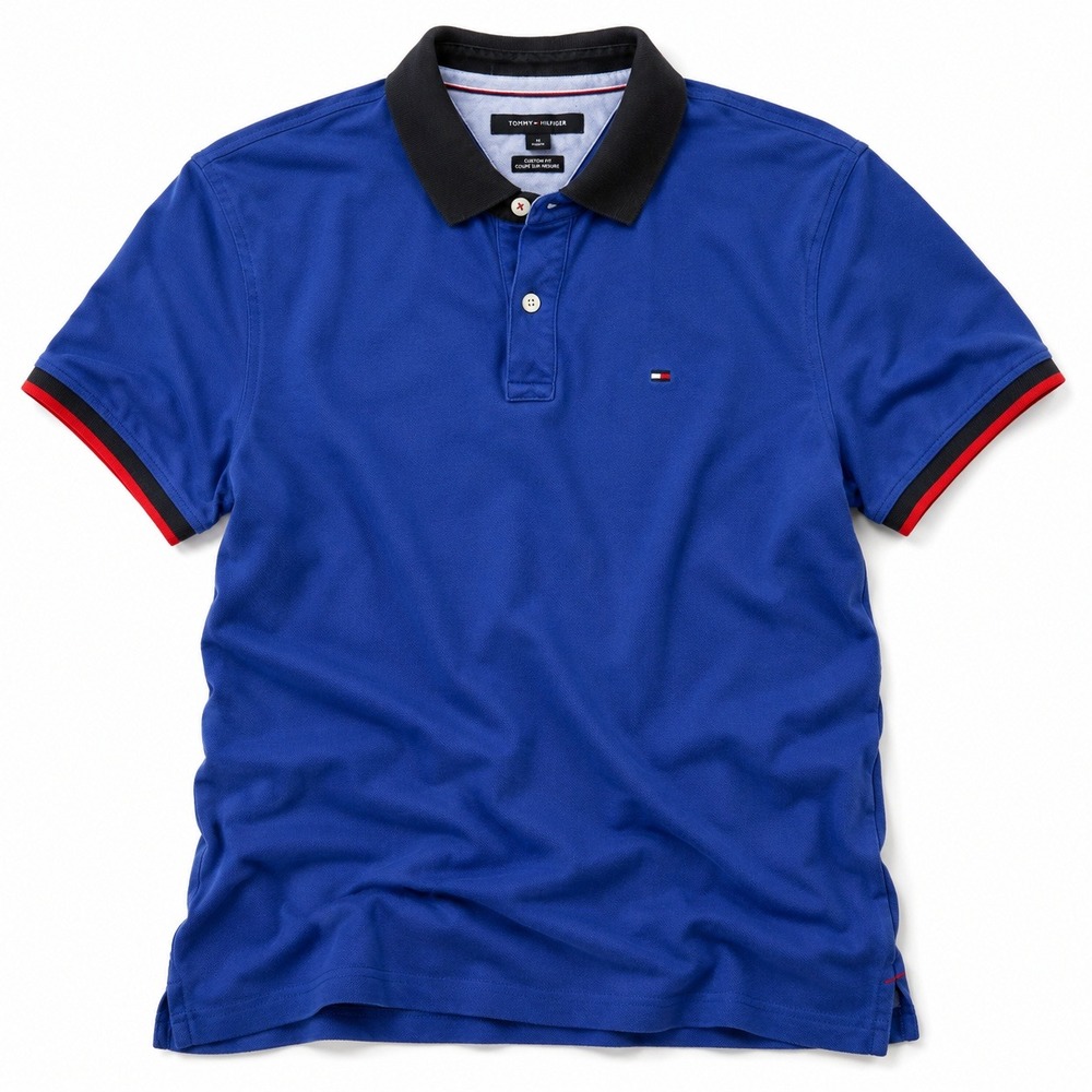 Tommy Hilfiger Custom Fit Polo Shirt Blue Black Cotton Logo Men's Medium